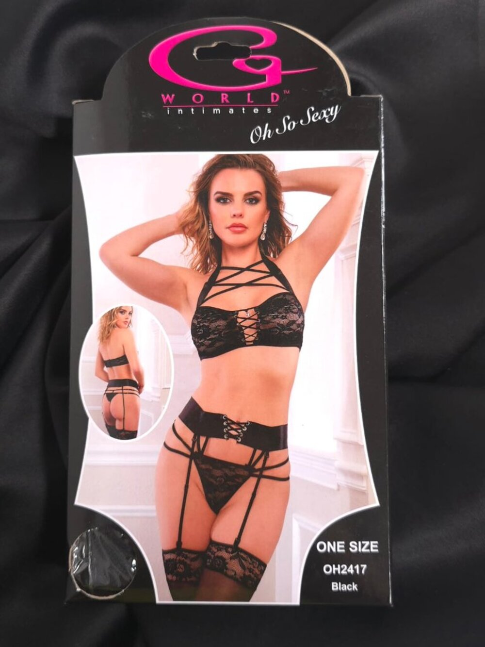 G WORLD Intimates Black 2-Piece Cage Bustier Garter Lingerie Set